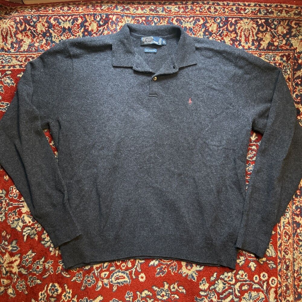 VTG POLO RALPH LAUREN 100% LAMBSWOOL COLLARED PULLOVER NAVY SWEATER XL